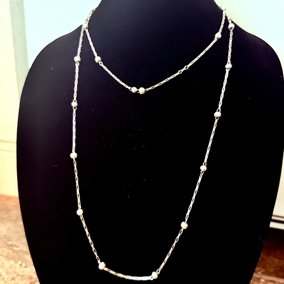 Sterling 925 Silver 6mm Bead Paperclip Link Station IBB Italy Long Necklace 50" - Picture 6 of 10